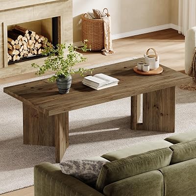 TRIBEWOOD Wood Coffee Table, 47-Inch Farmhouse Rectangle Center Table with Triangle Legs, Rustic Long Tea Table for Living Room, Brown