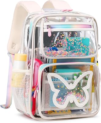Clear Backpack for School,Large Bookbag Heavy Duty See Through Butterfly Backpacks for Girls Stadium Approved Daypack Transparent Shoulder Bags for Students,Teens,Women,Work,Travel,Concert Off White