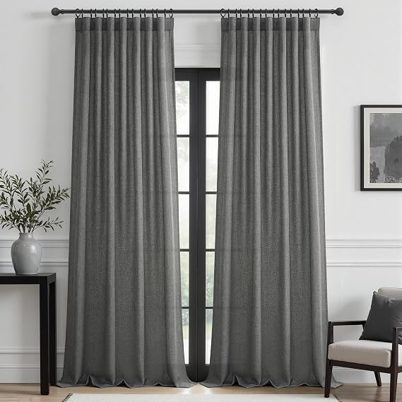 Dark Grey Semi Sheer Curtains 108 Inches Long for Living Room, Luxury Linen Pleated Curtain Light Filtering Privacy with Rod Pocket 9FT Length 2 Panels Set for 110 inch Window Drapes(52"Wx108"L Gray)