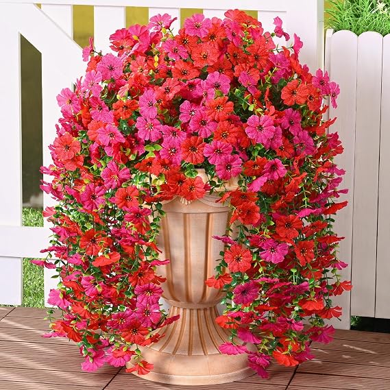 Dolicer 2 Pcs Look Real Artificial Flowers for Outdoors Fake Flowers | Realistic Artificial Hanging Flower UV Resistant Silk Faux Hanging Plants Flower for Porch Patio Garden (Red+Fuchsia)