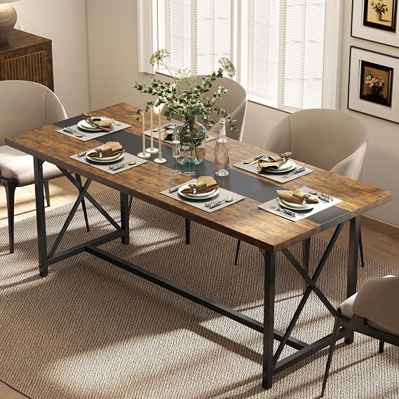 MWOOD Wood Dining Table for 8 People, 71 inch Farmhouse Kitchen Table with Strong Metal Frame, Industrial Large Long Dining Room Table Rectangle Rustic Dining Table for Big Family