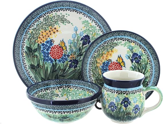 Blue Rose Polish Pottery - Green Teresa 16 Piece Dinner Set - 4 Place Settings - Great for Everyday Dining, Casual Dining, or as Formal Dinnerware