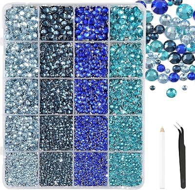 28000 Pcs Blue System Resin Rhinestones 2-6 mm Bedazzling Crystal Flatback Rhinestones with Tweezers for DIY Crafts Shoes Clothing Glasses Nail Art