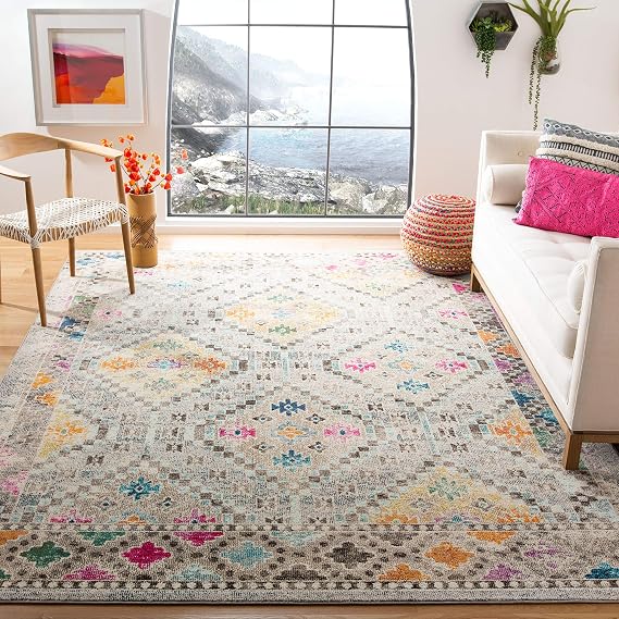 SAFAVIEH Madison Collection Area Rug - 9' x 12', Grey & Yellow, Boho Diamond Distressed Design, Non-Shedding & Easy Care, Ideal for High Traffic Areas in Living Room, Bedroom (MAD418F)