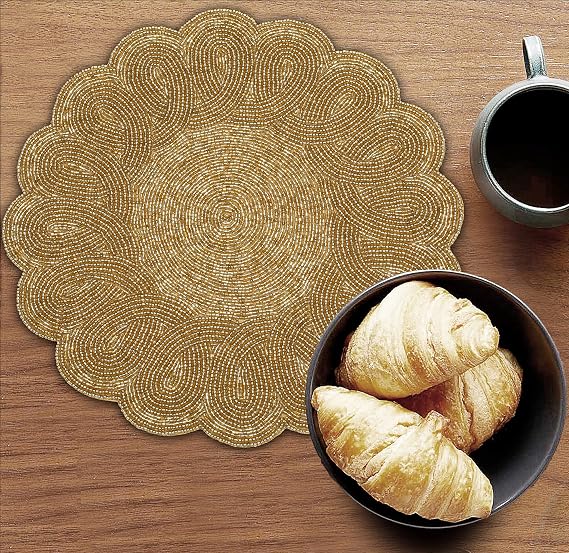 Lightnpro Decorative Beaded Placemats Set of 2 13 Inch Gold Round Scalloped Charger Mats, Elegant Handmade Artisan Gold Beaded Table Accessories Decor for Dining, Kitchen, Weddings & Parties