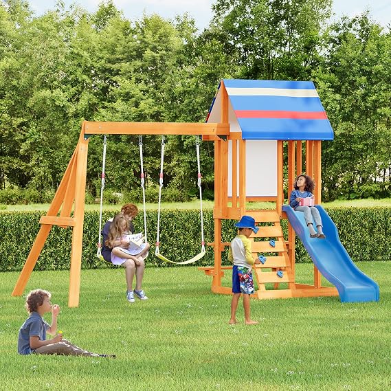 3-in-1 Wooden Outdoor Swing Set for Kids, Children's Playset with Slide, 2 Swings, and Rock Climbing Wall for Backyard, Garden, Playground, Blue