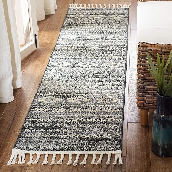 SAFAVIEH Marrakech Collection Runner Rug - 2' x 8', Navy & Grey, Handmade Moroccan Boho Tribal Tassel, Ideal for High Traffic Areas in Living Room, Bedroom (MRK751N)