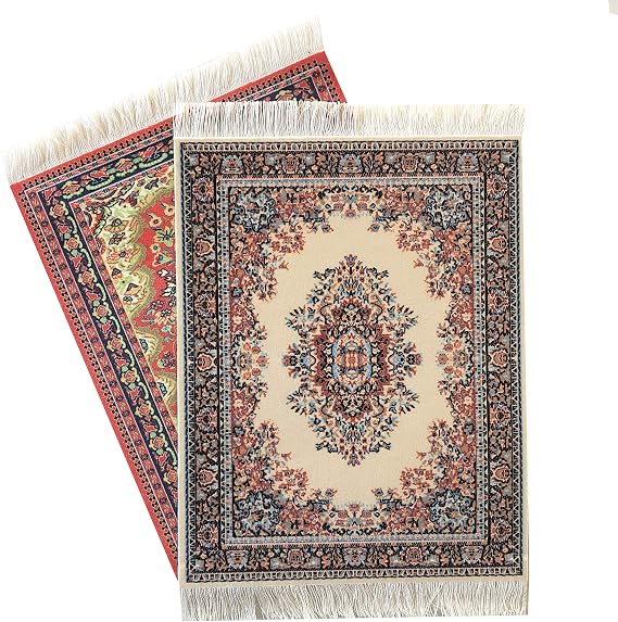 Set of 2 Dollhouse Area Rugs Miniature Carpet Accessories for Doll Houses, 10 x 7 Inch Rectangular Floor Decor, Oriental Style